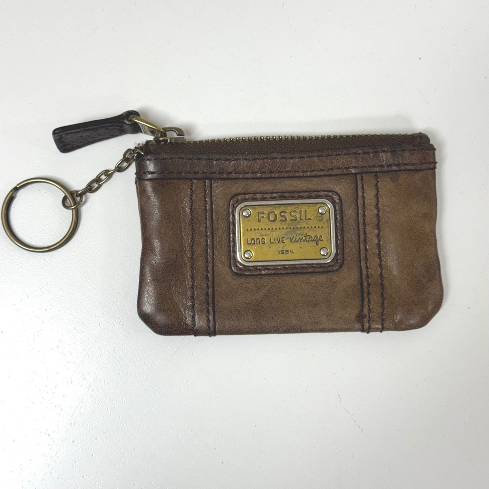 Fossil Vintage Brown Leather Coin Purse Keychain ID Holder Wallet